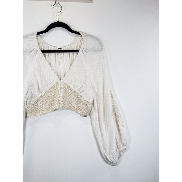 Free People Womens Top White Southwest Lace V Neck Cropped Blouse Boho Medium - Picture 5 of 10